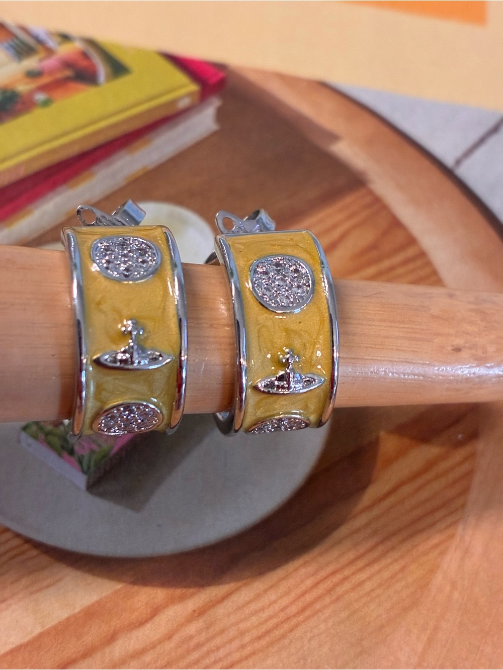 Vivienne Westwood Yellow Enamel Hoop Earrings with Silver Accents